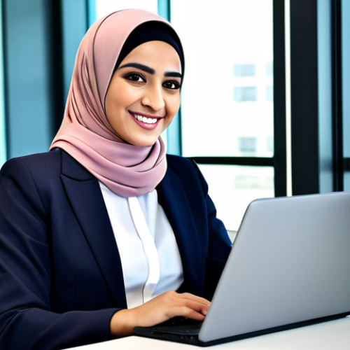 Home 6 **
"A successful Arab businesswoman in a modern office in Dubai, wearing a stylish, fully clothed business suit and hijab, working on a laptop, smiling confidently, appropriate attire, safe for work, professional setting, perfect anatomy, natural proportions, professional photography, high quality."
**