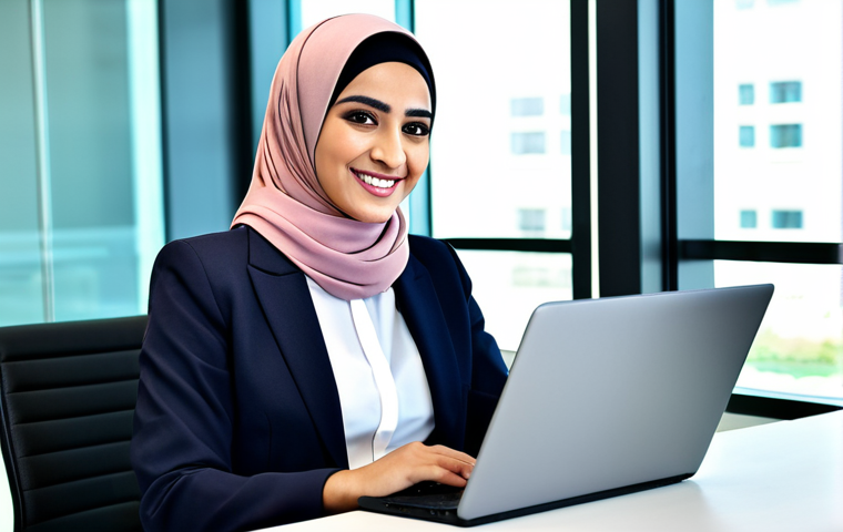 **

"A successful Arab businesswoman in a modern office in Dubai, wearing a stylish, fully clothed business suit and hijab, working on a laptop, smiling confidently, appropriate attire, safe for work, professional setting, perfect anatomy, natural proportions, professional photography, high quality."

**