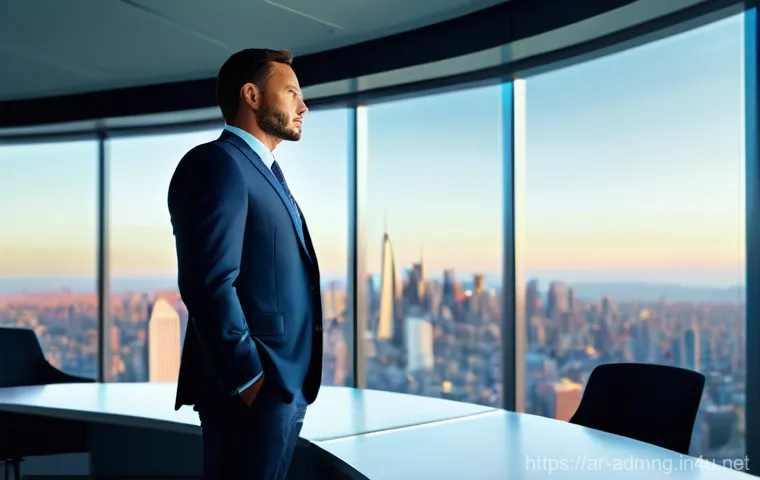 행정관리사 업무 노하우 공유 - **Prompt:** A dynamic shot of a visionary male administrative manager in his early 40s, dressed in a...