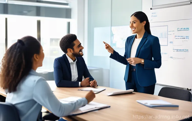 행정관리사 업무 노하우 공유 - **Prompt:** A dynamic shot of a visionary male administrative manager in his early 40s, dressed in a...