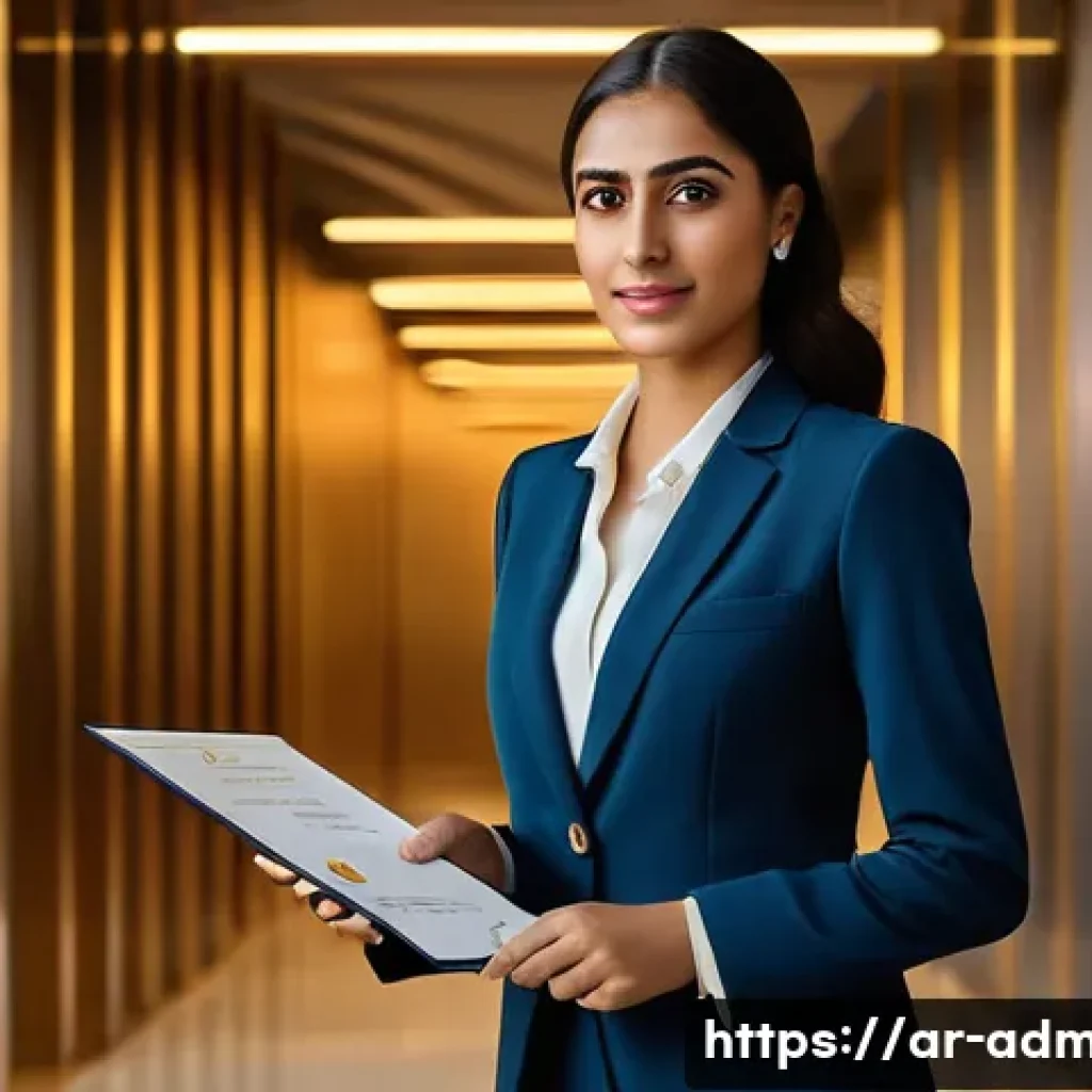 행정관리사 자격증 취득 방법 - **"A confident and determined young Arab professional woman, in her late 20s, stands poised at the t...