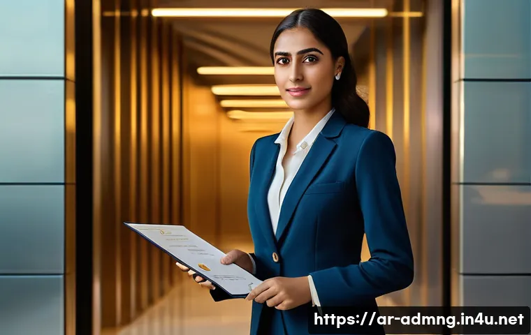 행정관리사 자격증 취득 방법 - **"A confident and determined young Arab professional woman, in her late 20s, stands poised at the t...