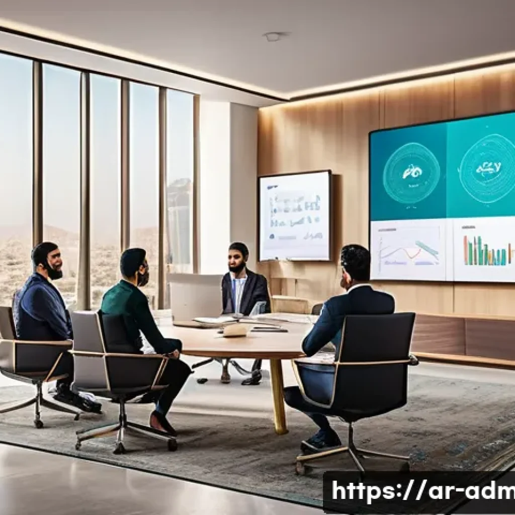 행정관리사와 조직개발 사례 - A modern Arabic office setting showcasing diverse teams collaborating seamlessly using advanced comm...