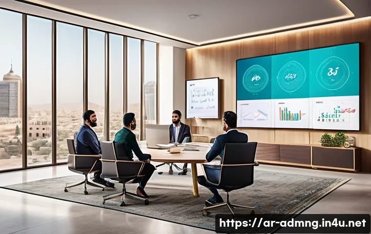 행정관리사와 조직개발 사례 - A modern Arabic office setting showcasing diverse teams collaborating seamlessly using advanced comm...