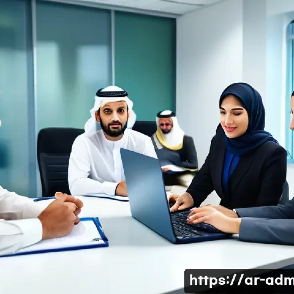 행정관리사로 일하며 배운 교훈 - A professional Arab government office scene showing a diverse group of men and women in formal attir...