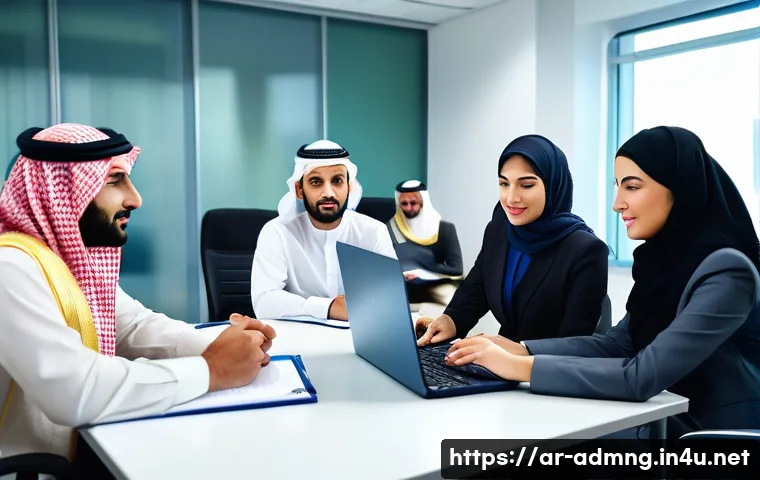 행정관리사로 일하며 배운 교훈 - A professional Arab government office scene showing a diverse group of men and women in formal attir...