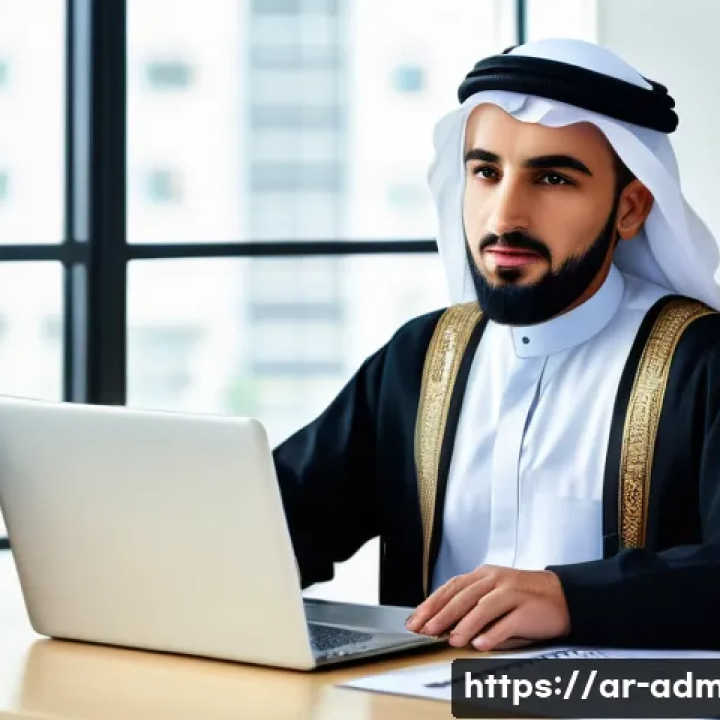 행정관리사 초보자가 자주 묻는 질문 - A professional Arabic-speaking administrative employee in a modern government office setting, wearin...