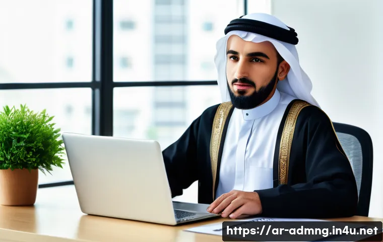 행정관리사 초보자가 자주 묻는 질문 - A professional Arabic-speaking administrative employee in a modern government office setting, wearin...