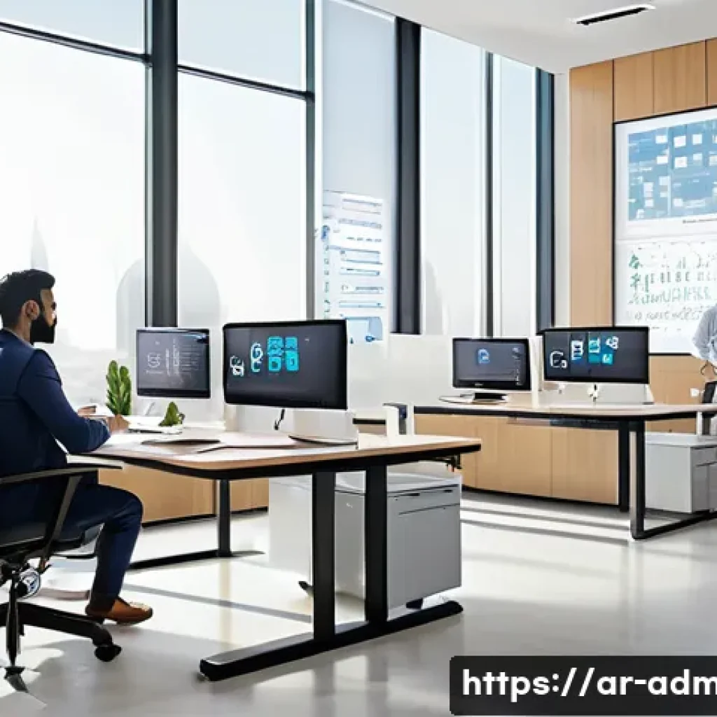 행정관리사 직무 만족도 조사 - A modern government office environment in a Middle Eastern setting, featuring diverse Arabic-speakin...