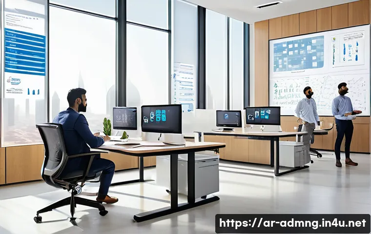 행정관리사 직무 만족도 조사 - A modern government office environment in a Middle Eastern setting, featuring diverse Arabic-speakin...