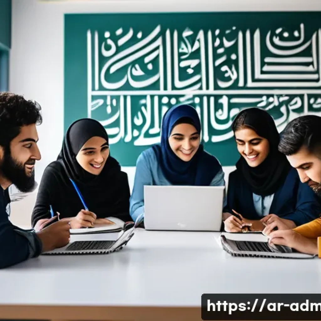 행정관리사 시험 대비 스터디 그룹 - A diverse group of young Arab students studying together in a modern, well-lit room decorated with A...