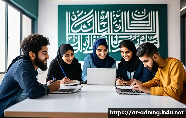 행정관리사 시험 대비 스터디 그룹 - A diverse group of young Arab students studying together in a modern, well-lit room decorated with A...