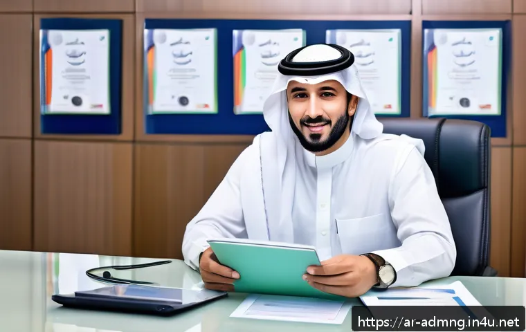 행정관리사 자격증 유지비용 - A professional Saudi government office setting with a confident Arab man in business attire holding ...