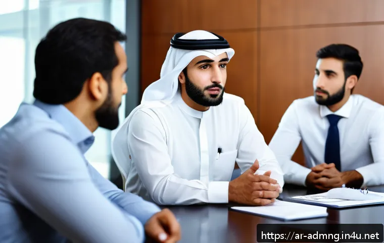 행정관리사로 승진하는 비결 - A professional Middle Eastern office scene featuring a confident Arab man in business attire activel...