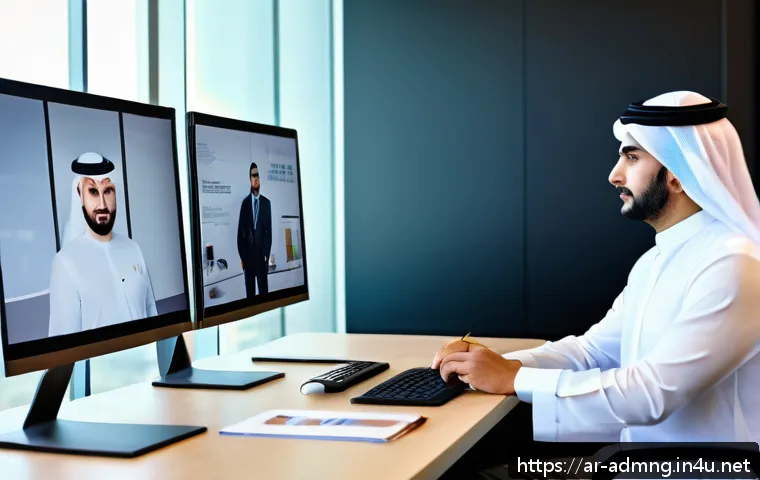 행정관리사 이직 성공 전략 - A modern government office environment in the Middle East, featuring diverse Arab professionals coll...