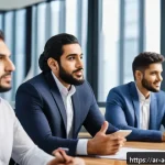 Home 23 행정관리사와 조직관리 전략 - A diverse team of Arab professionals engaged in an active listening session in a modern office setti...