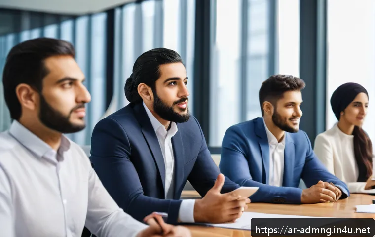 행정관리사와 조직관리 전략 - A diverse team of Arab professionals engaged in an active listening session in a modern office setti...