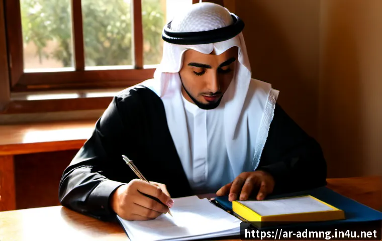 행정관리사 시험에 꼭 나오는 문제 - Photorealistic study scene of an Arab university student in modest professional clothing reviewing a...