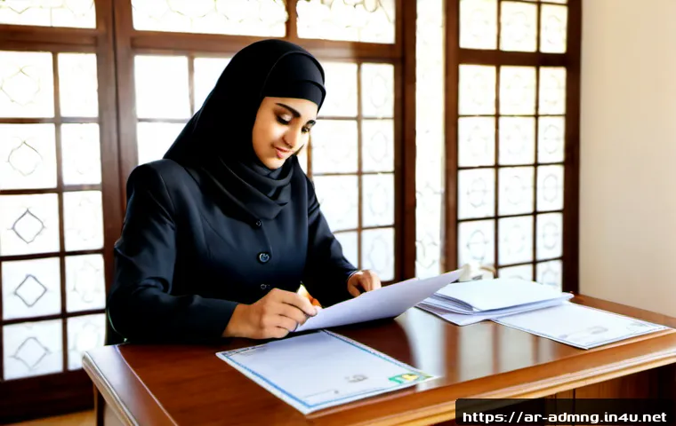 행정관리사 필수 서류 준비 방법 - Photorealistic administrative document preparation scene in a modern Middle Eastern office, Arab pro...